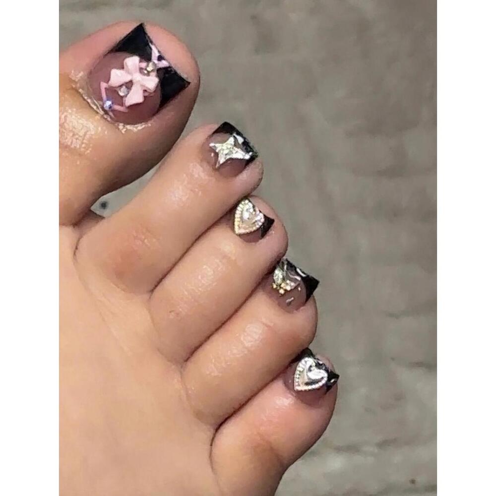 Toe press on nails black French tips pink bows rhinestones silver silver chrome